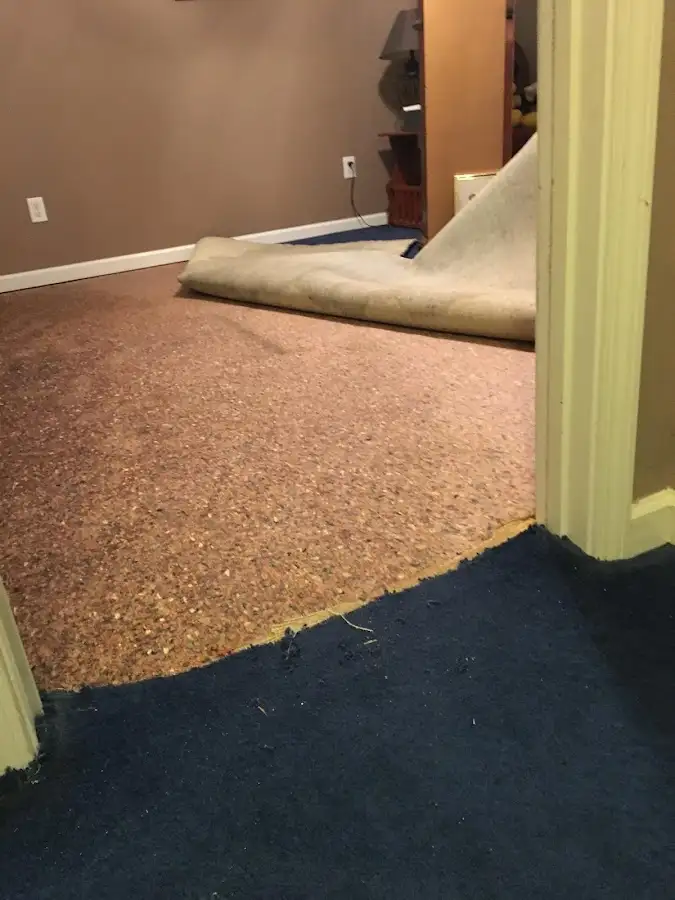 Carpet pad removal revealing water damage during Water Mitigation Services in Skidaway Island
